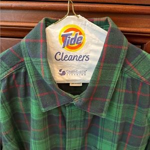 L.L. Bean button-down, long sleeve, cotton flannel green/navy/red plaid. Size LT